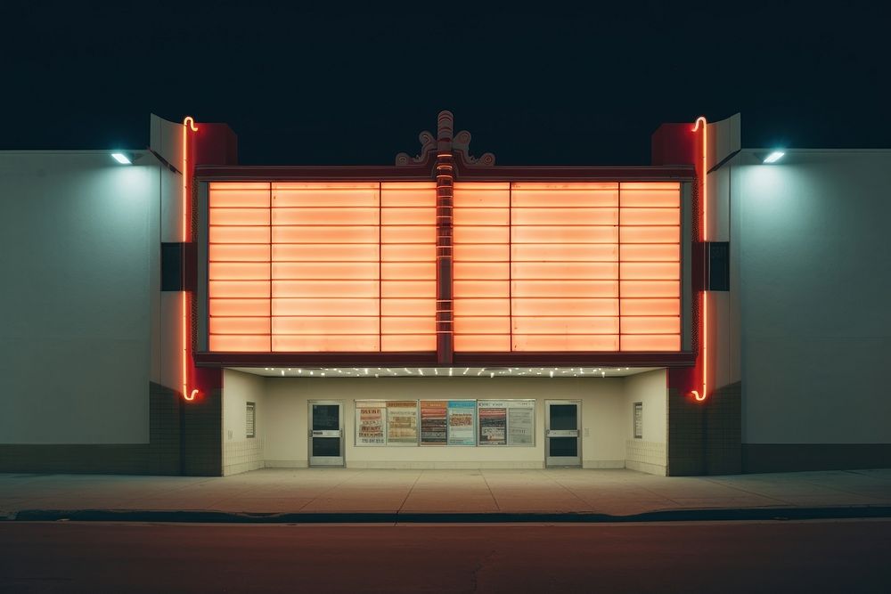 Old movie theater marquee in the 1970s lighting architecture illuminated.