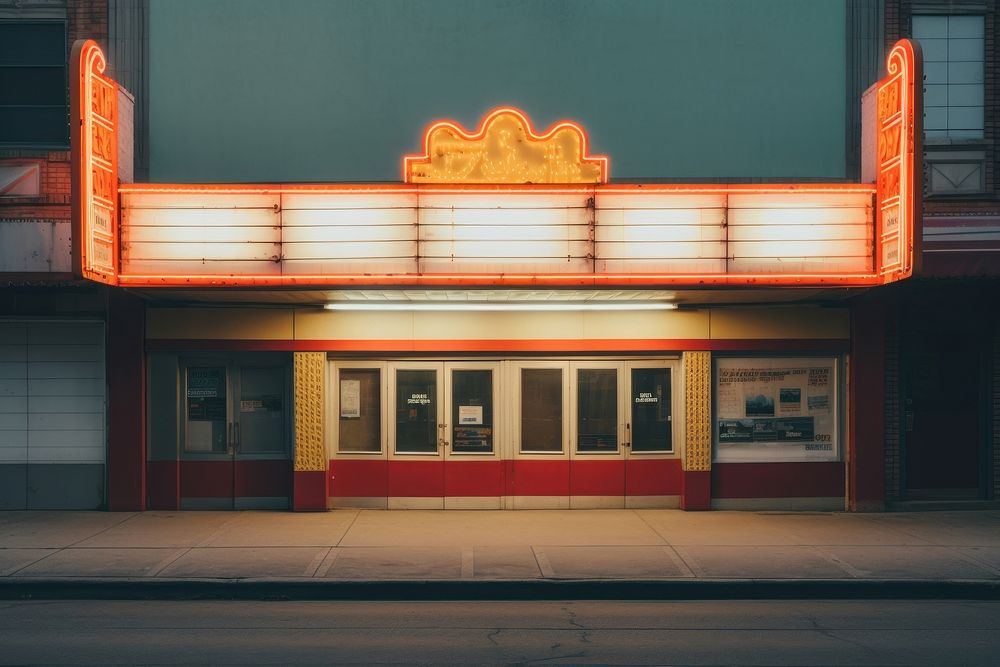 Old movie theater marquee in the 1970s city architecture illuminated.