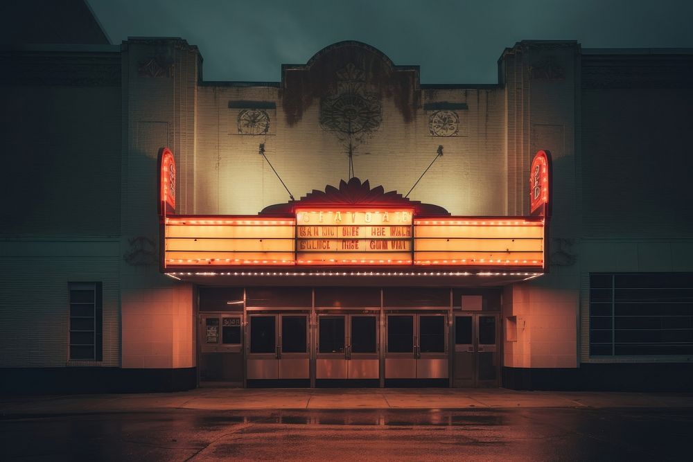 Old movie theater marquee in the 1970s architecture illuminated building.