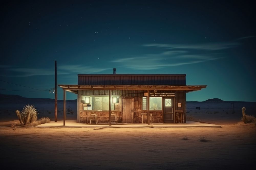Night tiny restaurant exterior in desert in the western styles architecture building outdoors.