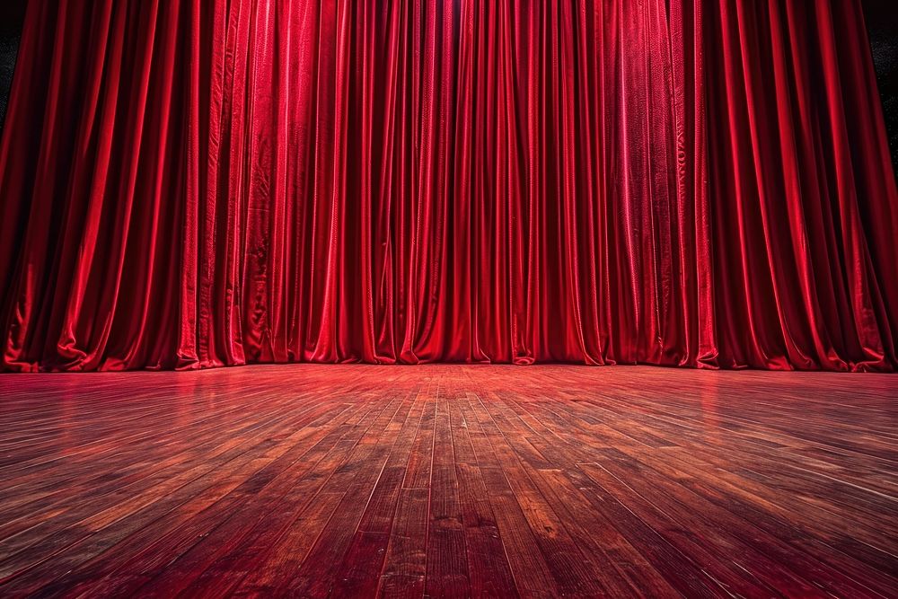 Have red curtain and red velvet floor stage entertainment architecture.