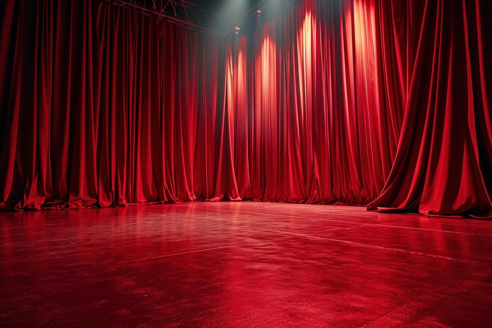 Stage have red curtain and red velvet floor entertainment architecture illuminated.