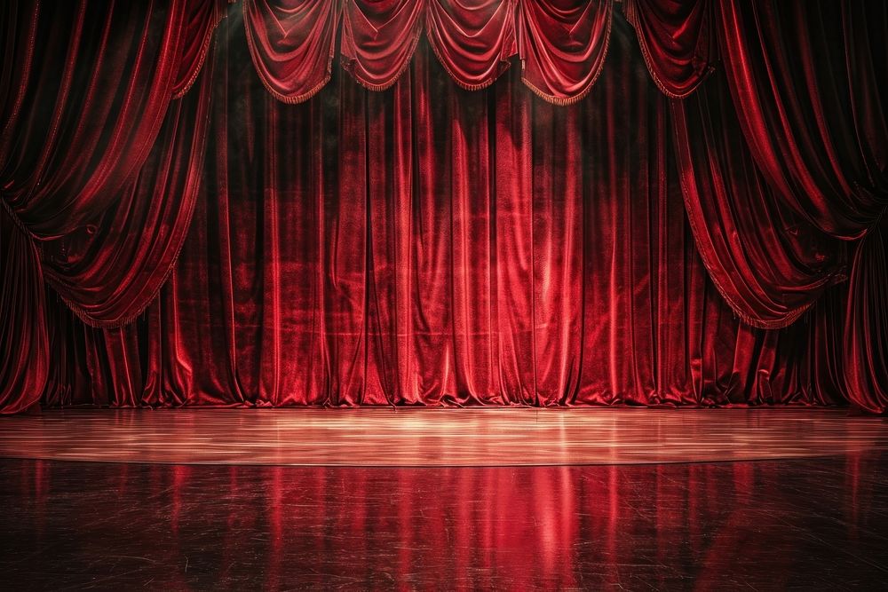 Have red curtain and red velvet floor stage entertainment architecture.