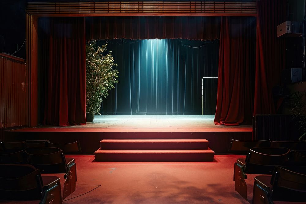 Retro 1970s empty tiny stage auditorium lighting plant.