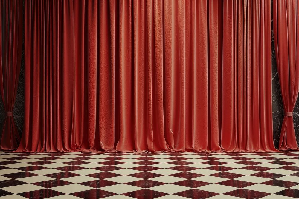 Retro luxury stage have red curtain and pattern velvet floor architecture backgrounds performance.