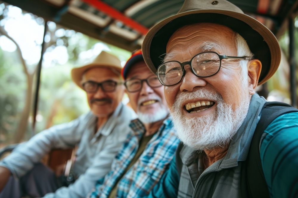 Group of old man laughing glasses travel.