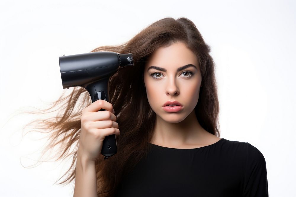 Person holding hair dryer white background hairstyle appliance.