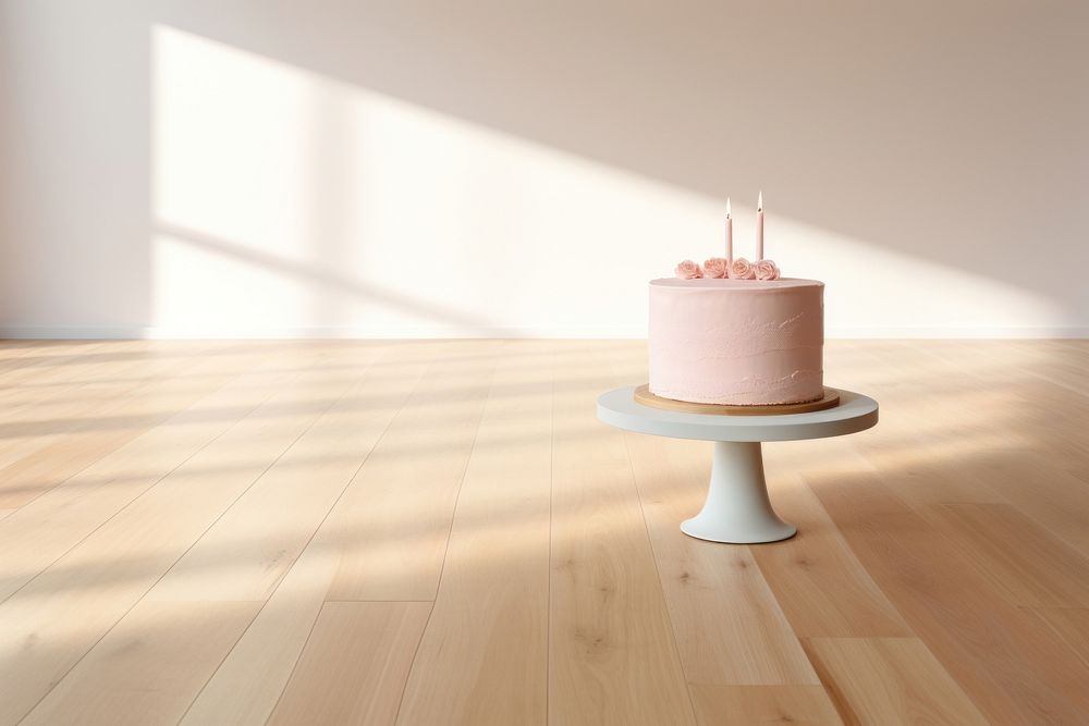 Birthday party room with cake flooring hardwood dessert.