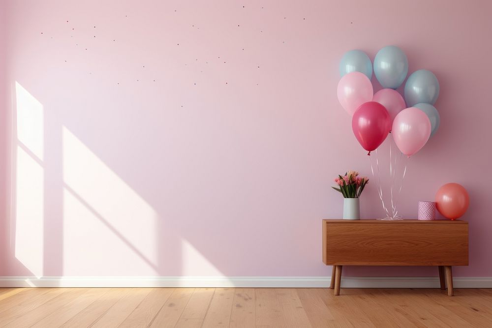 Birthday party room with cake architecture balloon wall.