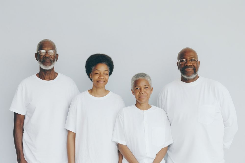 Black family wearing blank white shirt poses at studio for portrait pictures t-shirt adult photo.