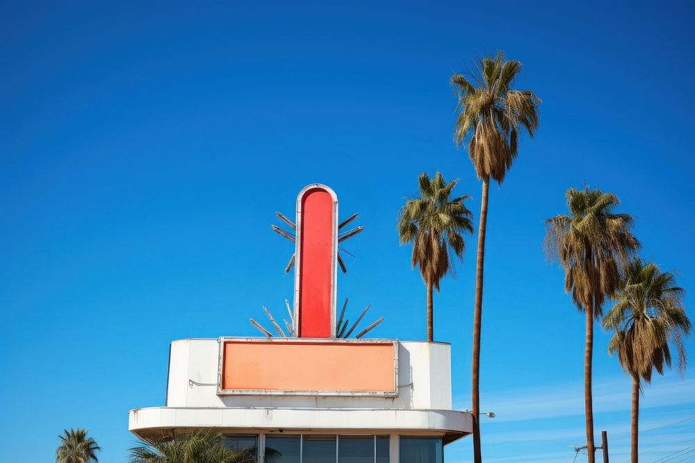 Blank white retro 1960s restaurant sign in california sky architecture building.