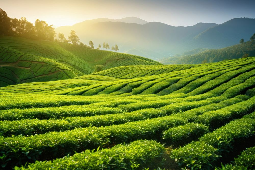 Green tea plantation landscape outdoors.