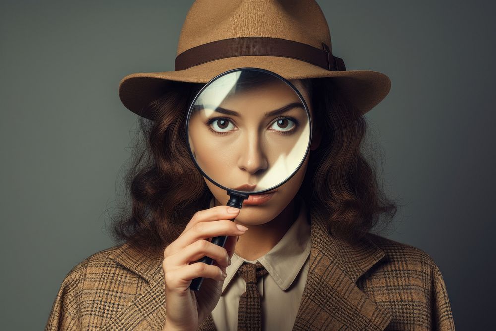 Looking through magnifying glass portrait adult photo.