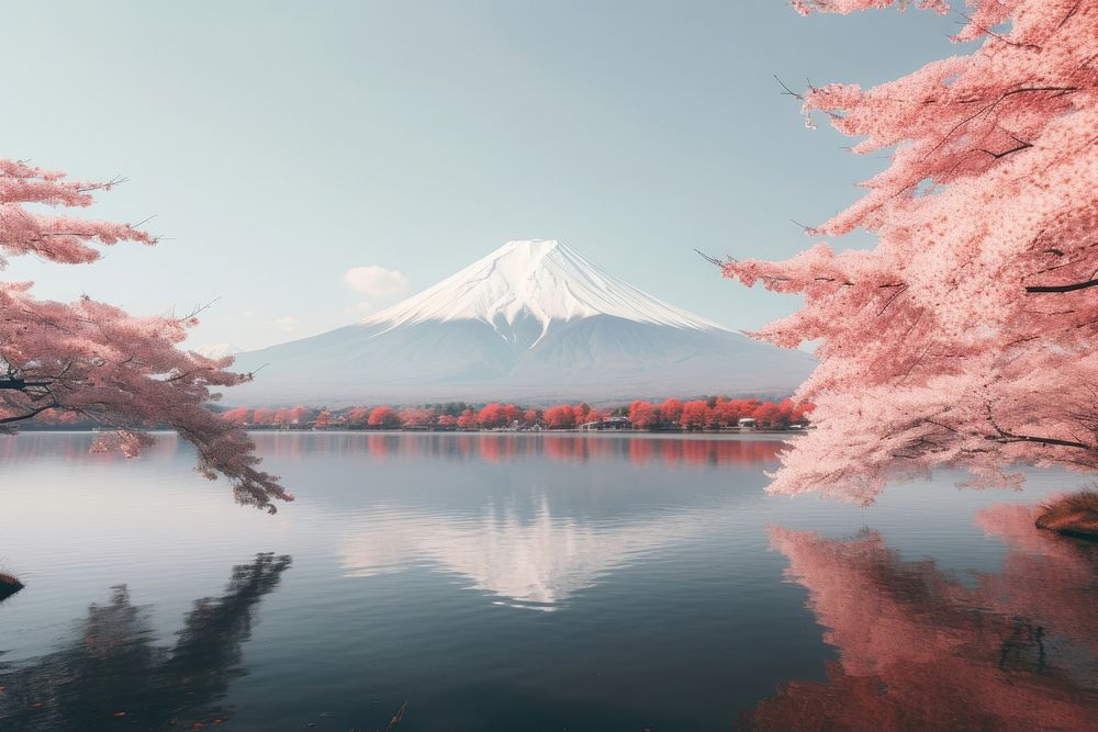 Fuji mountain with lake Kawaguchi-ko outdoors blossom nature.