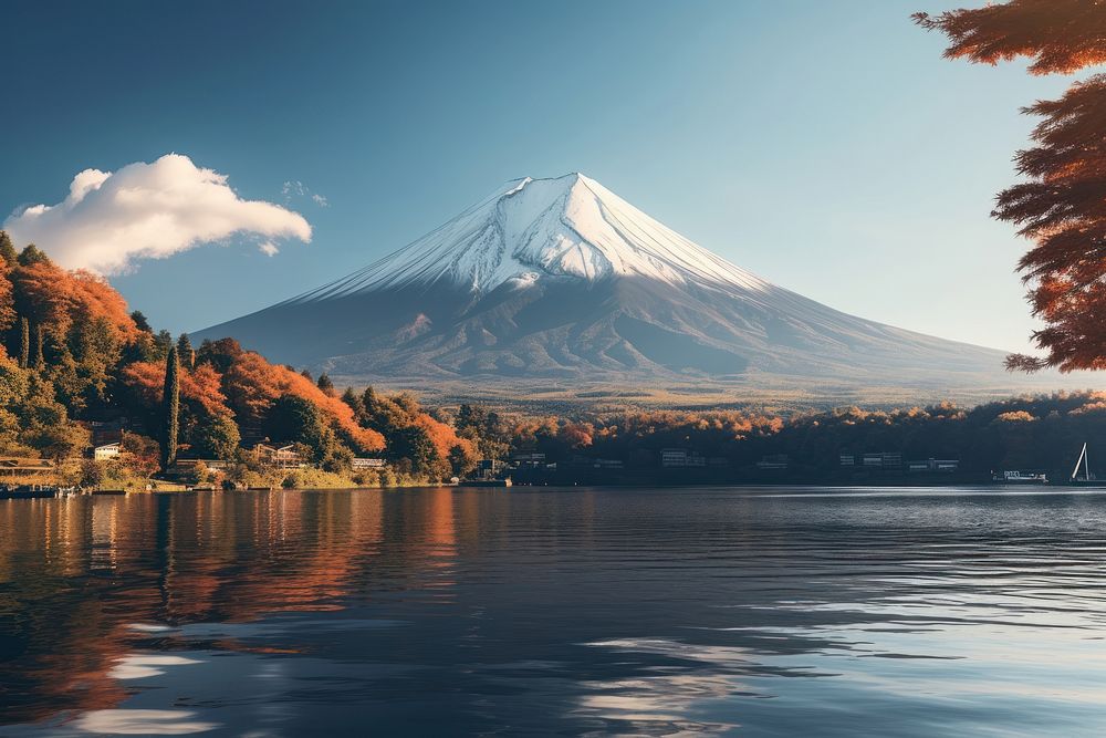 Fuji mountain with lake Kawaguchi-ko architecture landscape outdoors.