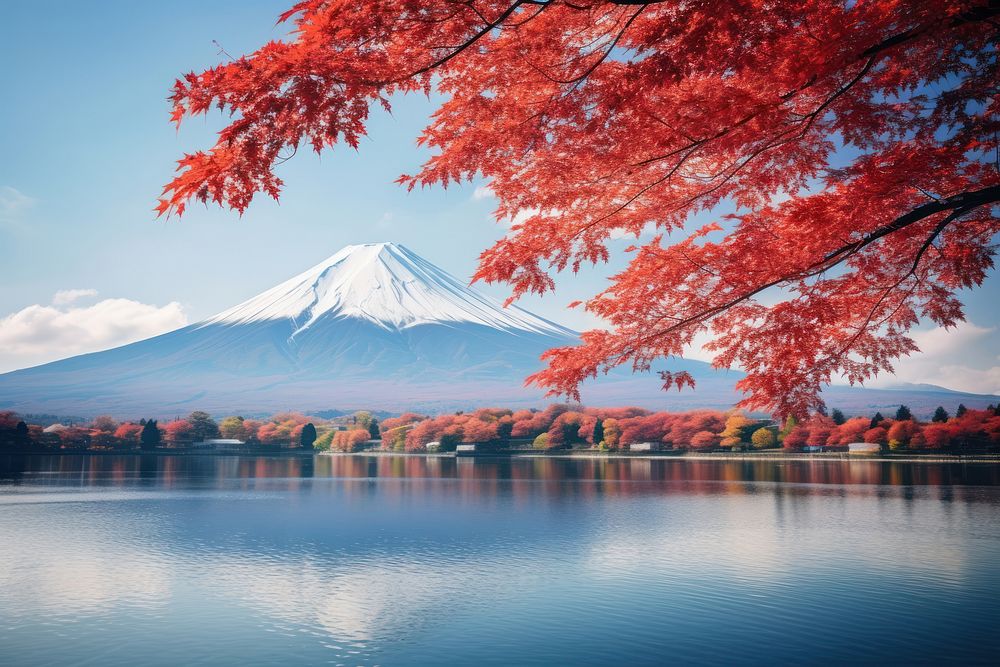 Fuji mountain with red maple and lake Kawaguchi-ko landscape outdoors nature.