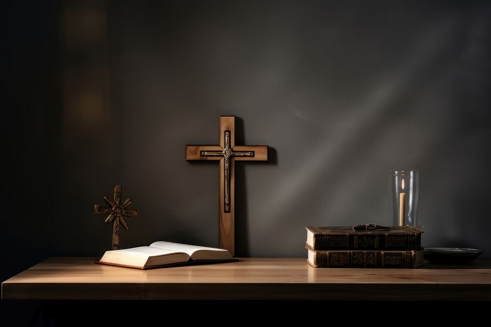 Holy Bible and Cross on Desk cross architecture publication. 