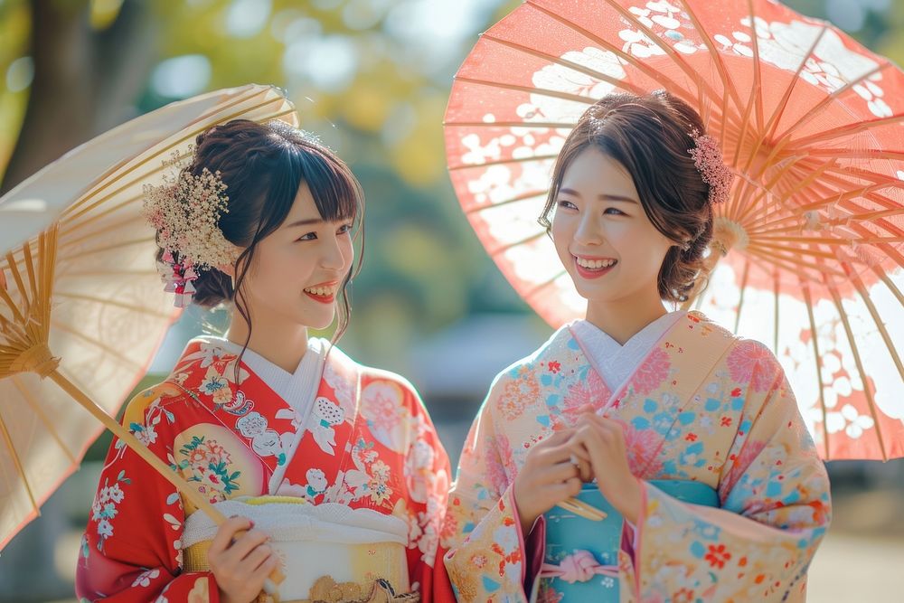 Colorful pastel traditional Japanese wear kimono adult women.