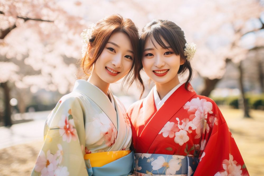 Colorful traditional Japanese wear fashion kimono smile.