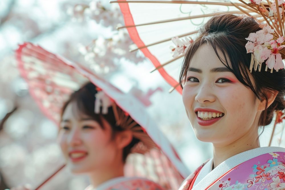 Pastel traditional Japanese wear portrait blossom kimono.