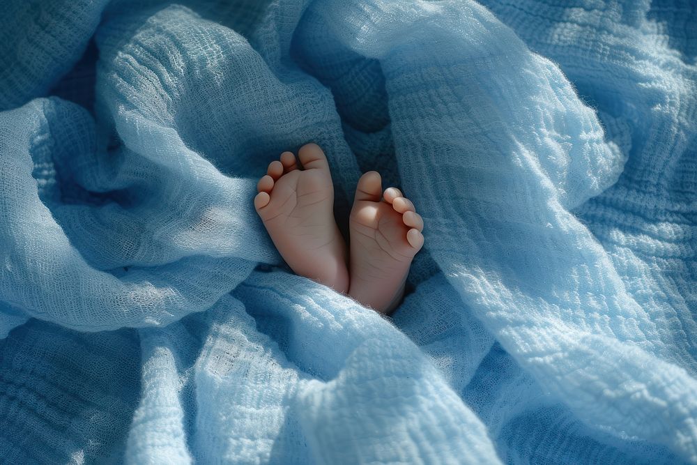 Newborn baby feet blanket blue relaxation.