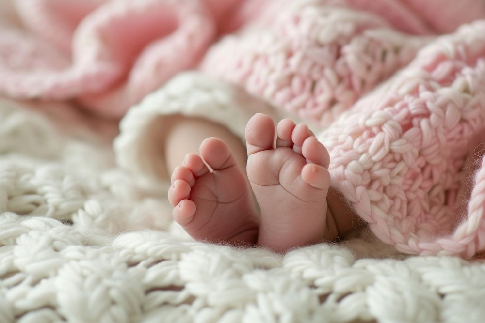 Newborn baby feet blanket pink toe.