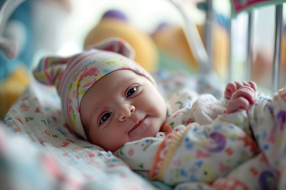 Newborn baby girl portrait hospital photo.