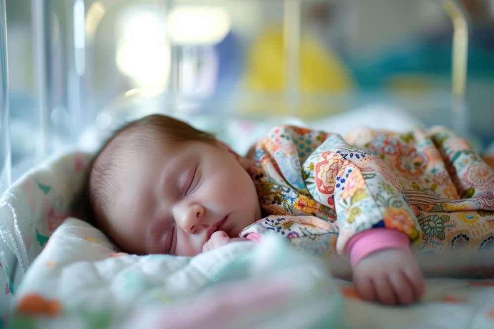 Newborn baby girl hospital furniture sleeping.
