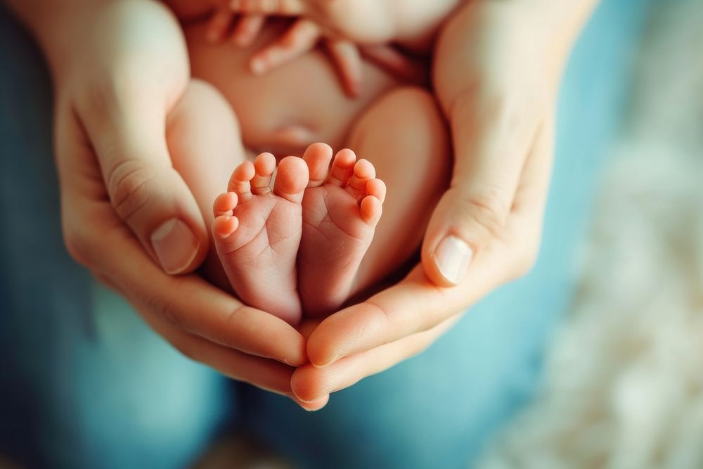 Parent holding in the hands feet baby newborn beginnings.