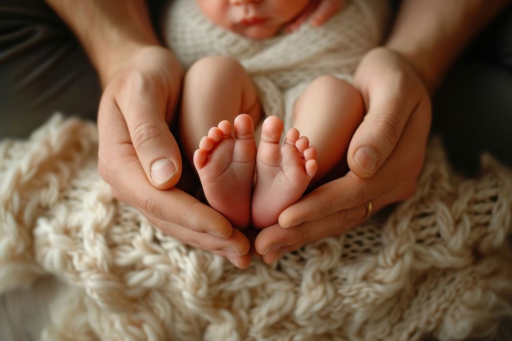 Parent holding in the hands feet baby newborn beginnings.
