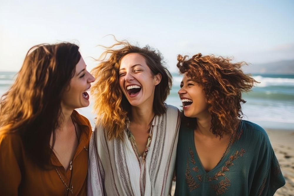 Women friends laughing adult beach.