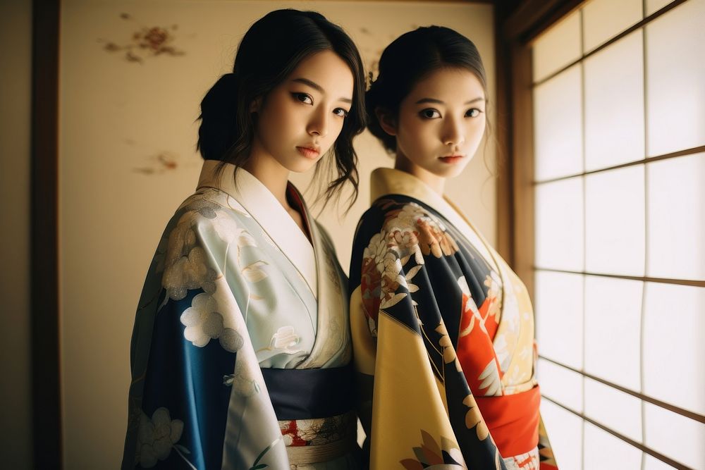 Women in colorful kimono dressed adult robe togetherness.