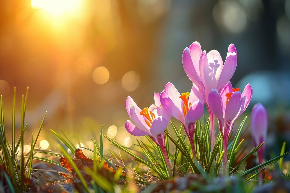 Pink crocuses sunlight outdoors blossom.