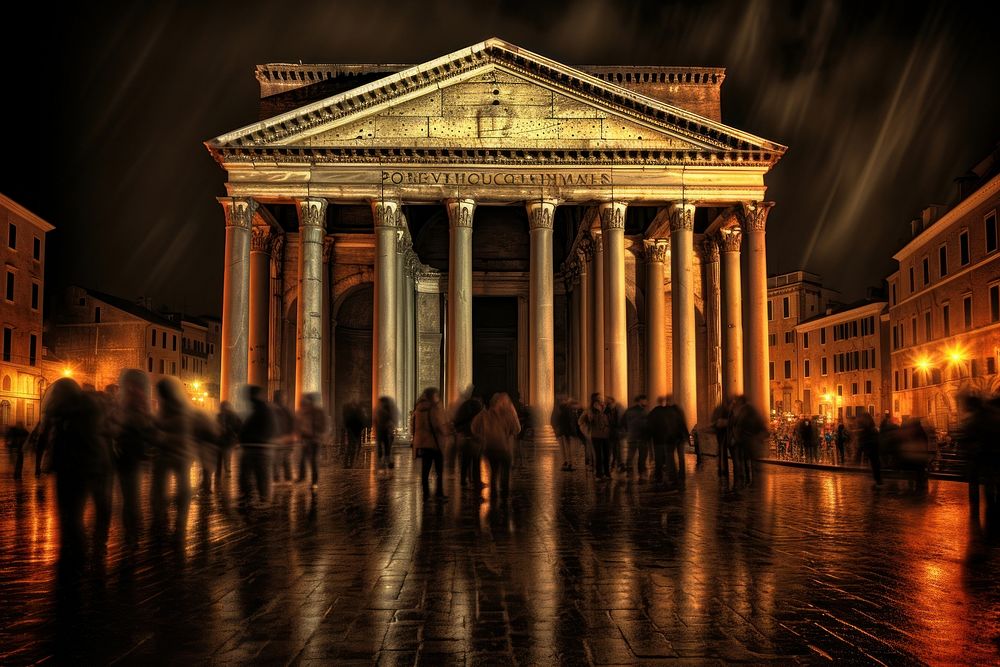 Landmark pantheon architecture illuminated.