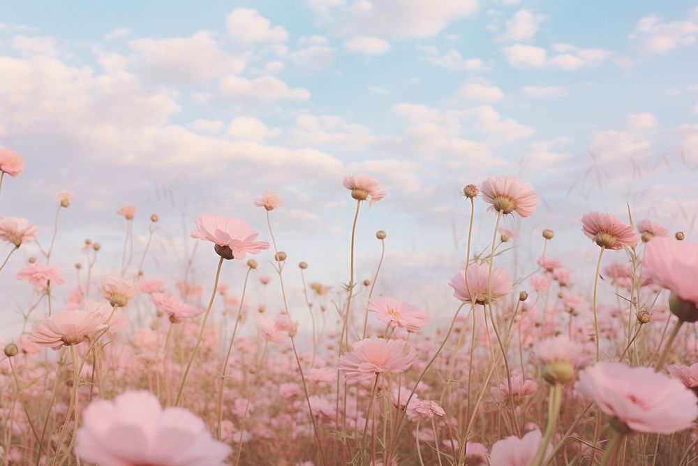 Pink flowers in a field sky outdoors blossom.