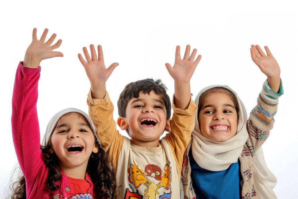 Middle eastern children happy white background togetherness.