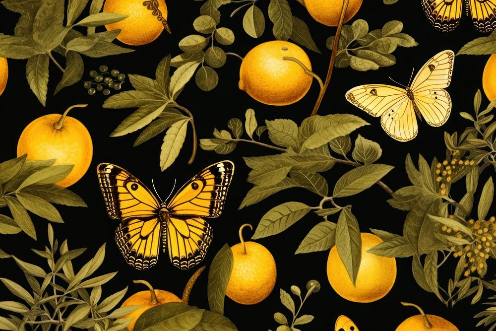 Moth and tropical leaves grapefruit butterfly pattern.