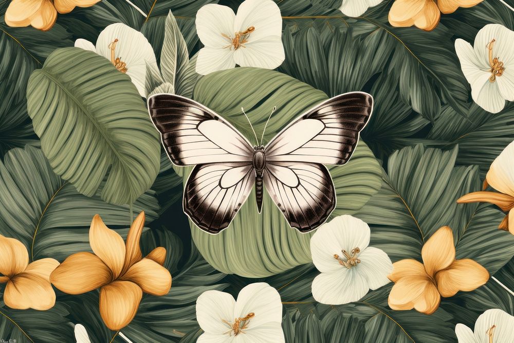 Moth and tropical leaves pattern flower butterfly.