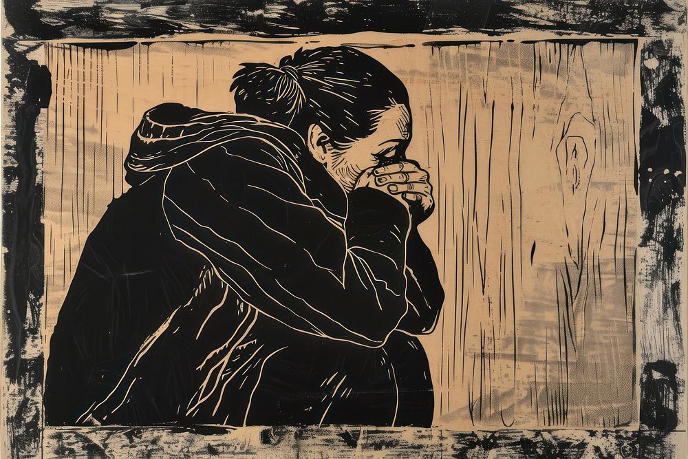 Woman hugging her knees painting black adult.