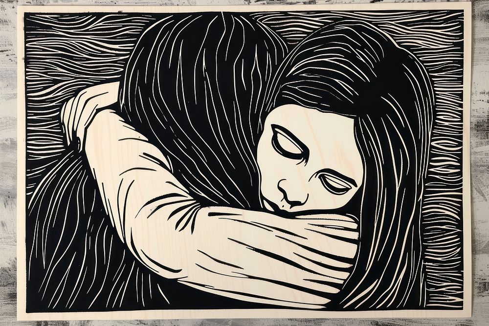 Woman hugging herself drawing sketch love.