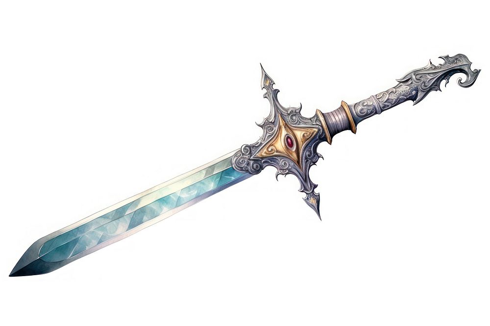 Watercolor sword weapon dagger white background.