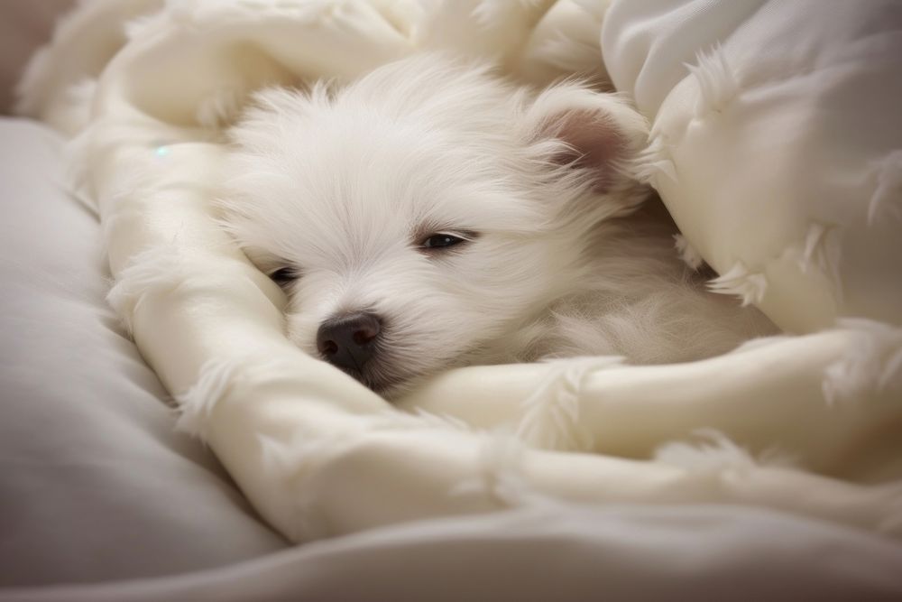 White puppy in cozy bed blanket mammal animal.