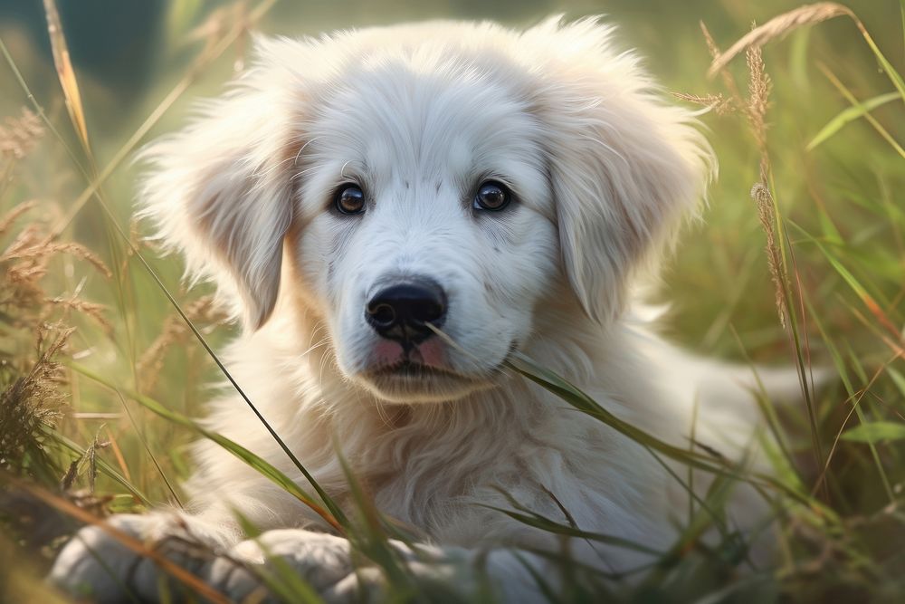 White puppy in a grass field animal mammal dog.