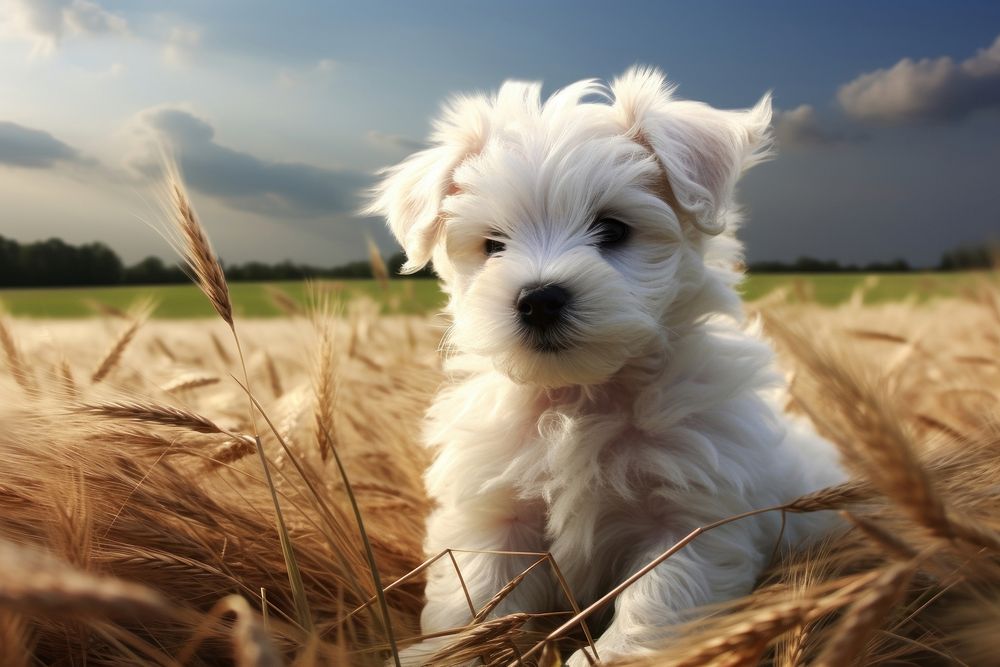 White puppy in a grass field outdoors portrait animal.