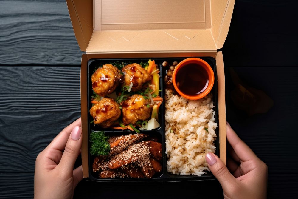 Takeaway food box chopsticks meal lunch.