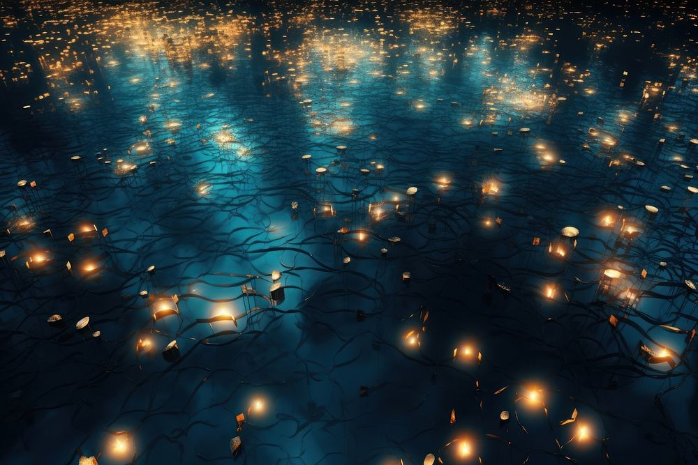 Glowing lights reflecting on water surface backgrounds lighting outdoors.
