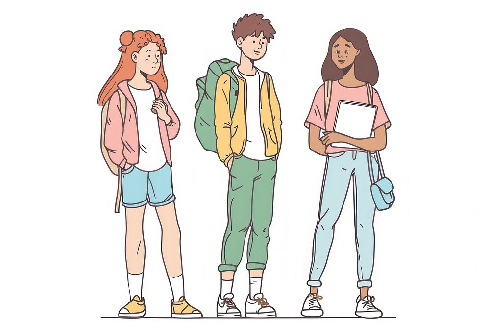 Teenager group of students flat illustration footwear drawing shorts.