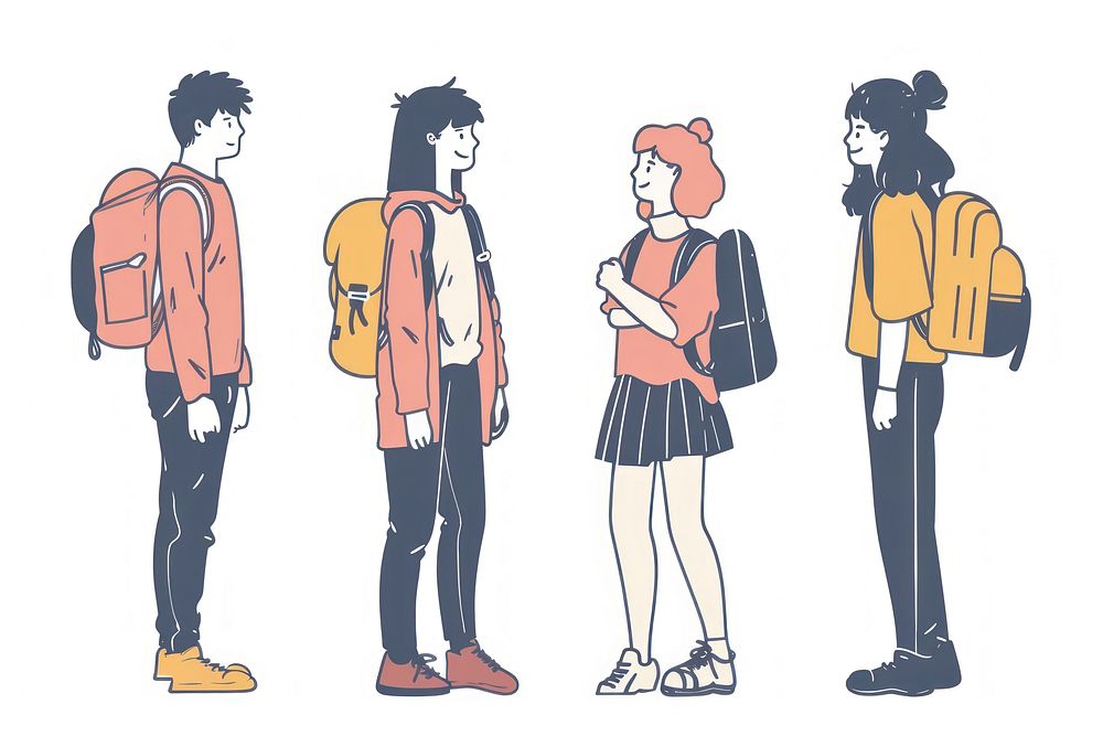 Teenager group of students flat illustration footwear togetherness architecture.