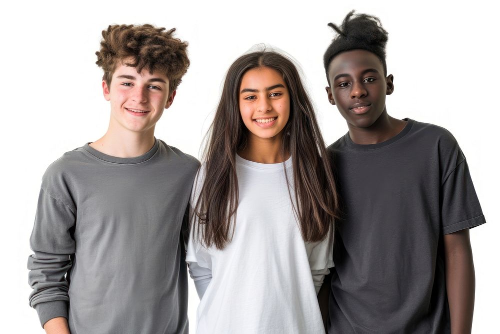 Teenager mixed race volunteers t-shirt sleeve white background.