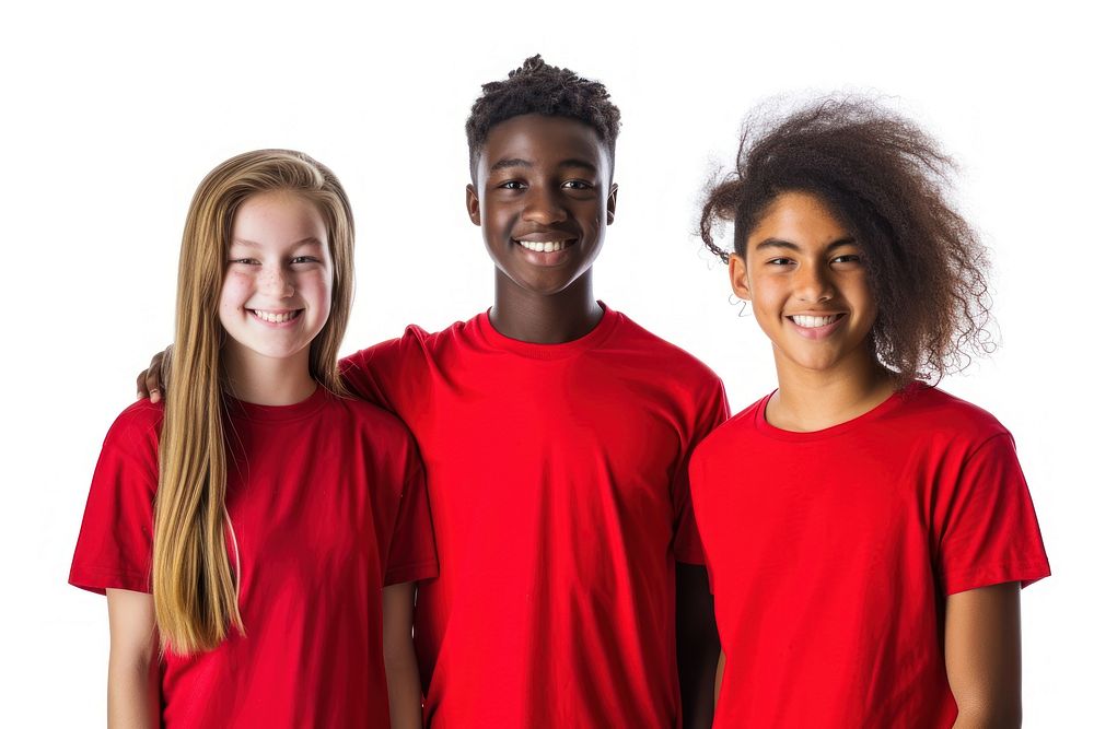 Teenager mixed race volunteers t-shirt sleeve smile.